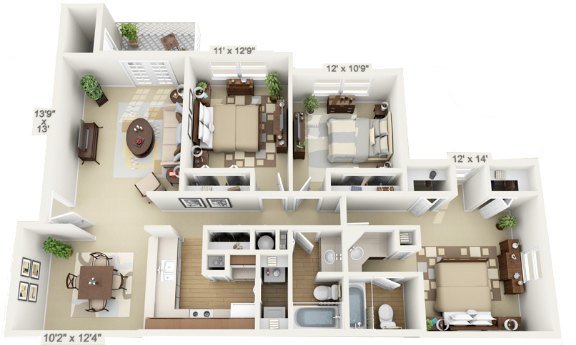 Floor plan for 3 beds, 2 baths, 1400 sqft